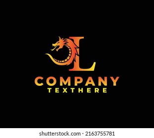letter L logo icon with dragon design vector-fire color black background