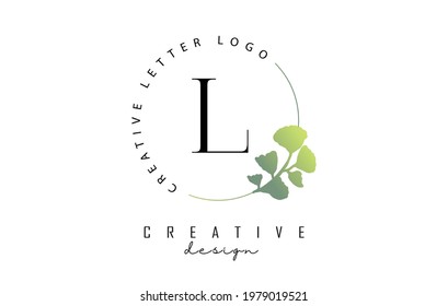 Letter L logo with lettering circle and hand drawn green leaves. Botanical element and minimal letter L. Vector illustration for natural, ecological, floral, personal or corporate branding.