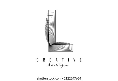 Letter L logo with lines and spiral effect. Vector illustration with geometric typography. Creative icon with letter.