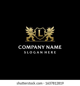Letter L logo luxurious with golden lion king and black background. Vector illustration badge.