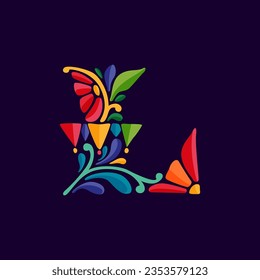 Letter L logo with Mexican colorful and ornate ethnic pattern. Traditional Aztec leaves and flowers embroidery ornament. Vector design template for folk Spanish food, holidays, carnival, and party.