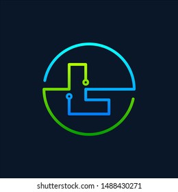 Letter L logo mono line, Connect concept , Circle shape symbol, green and blue color, Technology and digital abstract dot connection - vector