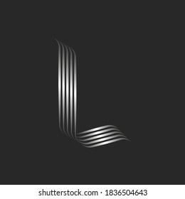 Letter L logo monogram initial inspiration, minimal style with smooth curls, overlapping silver gradient stripes from sleek parallel thin lines, stylish rounded decoration calligraphic element