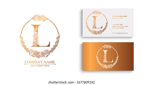 Letter L logo or monogram. For your business. Vector sign. Floral style, beautiful roses. Personal logo.