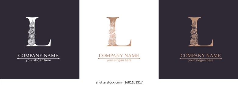 Letter L logo or monogram. For your business. Vector sign. Floral style, beautiful roses. Personal logo.