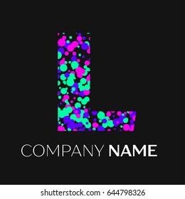 Letter L logo with pink, purple, green particles and bubbles dots on black background. Vector template for your design