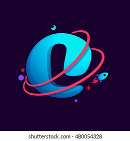 Letter L logo with planet, rocket and orbits lines. Bright vector design for science, biology, physics, chemistry company.