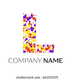 Letter L logo with purple, yellow, red particles and bubbles dots on white background. Vector template for your design