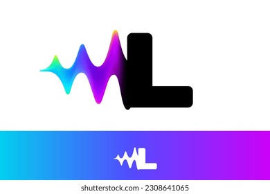 Letter L logo with sound wave flow. Vibrant line glitch effect. Multicolor neon gradient icon. Vector font for audio label, multimedia company advertising, DJ posters, game screens, music identity.