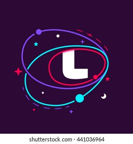 Letter L logo in space orbits, stars and and planets. Colorful vector design for app icon, corporate identity, card, labels or posters.