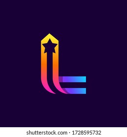 Letter L logo with star inside. Vector parallel lines icon. Perfect font for multicolor labels, space print, nightlife posters etc.