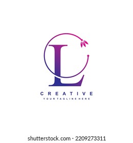 letter L logo template with blue and purple gradient colors with floral ornaments and circular lines. elegant and luxurious letter L logo design. beautiful letter L logo vector. icon L