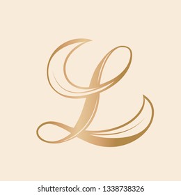 Letter L logo.Calligraphic golden icon isolated on light rose color background.Hand drawn typographic shape with uppercase lettering.Initial character with organic decorations.Ornate, luxury style.