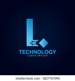 Letra L logotipo color azul, tecnología y conexión de punto abstracto digital plantilla de logotipo inicial del vector
