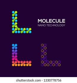 Letter L Logotype with Dots and Curve , Circle Shape and Line Connection, Molecule and Nano Technology logo, Innovation and DNA Icons, Medical Cosmetics Symbols, Science Laboratory Cell Signs