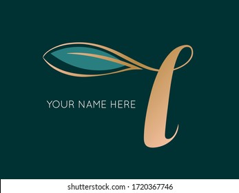 Letter l logo.Typographic icon isolated on dark background. Script lettering sign with leaf shape. Alphabet initial.Fresh hand drawn style lowercase calligraphy for beauty, spa, cosmetics brand.