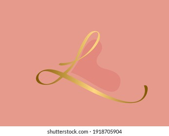 Letter L logo.Wedding decorative creative calligraphic icon isolated on pink background.Ornate symbol for beauty, gift boutique brand.Alphabet initial.Heart shape element.Shiny gold color.