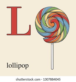 Letter L with lollipop. Illustrated English alphabet with sweets.