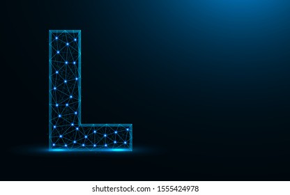 Letter L low poly design, alphabet abstract geometric image, font wireframe mesh polygonal vector illustration made from points and lines on dark blue background