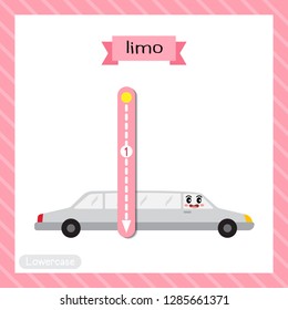 Letter L lowercase cute children colorful transportations ABC alphabet tracing flashcard of Limo for kids learning English vocabulary and handwriting Vector Illustration.