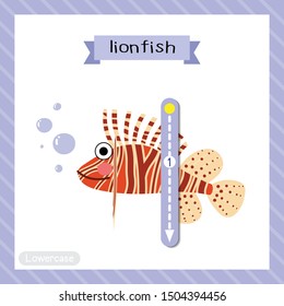 Letter L lowercase cute children colorful zoo and animals ABC alphabet tracing flashcard of Lionfish side view for kids learning English vocabulary and handwriting vector illustration.