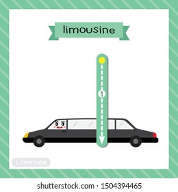 Letter L lowercase cute children colorful transportations ABC alphabet tracing flashcard of Limousine for kids learning English vocabulary and handwriting Vector Illustration.