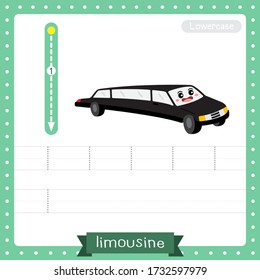 Letter L lowercase cute children colorful transportations ABC alphabet tracing practice worksheet of Limousine for kids learning English vocabulary and handwriting Vector Illustration.