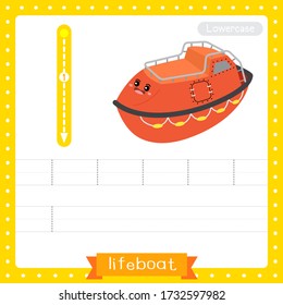 Letter L lowercase cute children colorful transportations ABC alphabet tracing practice worksheet of Lifeboat for kids learning English vocabulary and handwriting Vector Illustration.