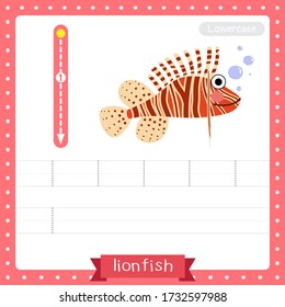 Letter L lowercase cute children colorful zoo and animals ABC alphabet tracing practice worksheet of Lionfish for kids learning English vocabulary and handwriting vector illustration.