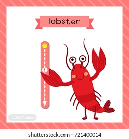 Letter L lowercase cute children colorful zoo and animals ABC alphabet tracing flashcard of Lobster for kids learning English vocabulary and handwriting vector illustration.