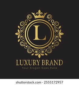 Letter L luxury gold logo concept brand logo design with a royal gold crown emblem and elegant typography
