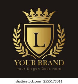 Letter L luxury gold logo concept brand logo design with a royal gold crown emblem and elegant typography
