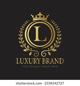 Letter L luxury gold logo concept brand logo design with a royal gold crown emblem and elegant typography
