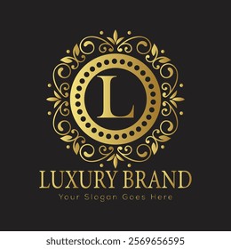 Letter L luxury gold logo concept brand logo design with a royal gold crown emblem and elegant typography
