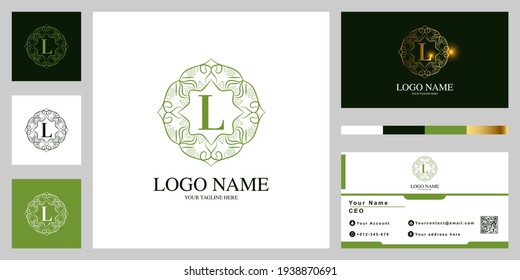 Letter L luxury ornament flower or mandala frame logo template design with business card.