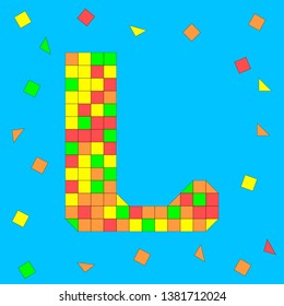 Letter L made of colored squares and triangles. Mosaic font.