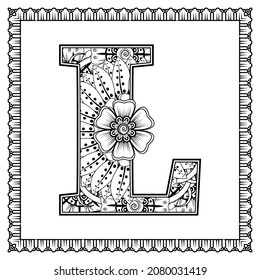 Letter L made of flowers in mehndi style. coloring book page. outline hand-draw vector illustration.
