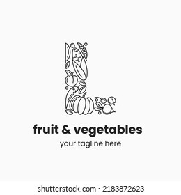 Letter L made of fruit and vegetables. Organic food logo concept. Stock vector illustration.