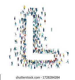 Letter L made of many little people, crowd creation. Lots of busy people in the letter shape. 