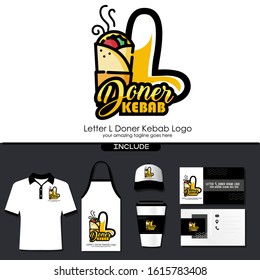 Letter L Meat Kebab Dishes Vector Logo Design Illustration for Turkish and Arabian Fast Food Restaurant with Brand Identity Include Shirt. Apron. Hat. Cup. Business Card. Initial Typography Logo