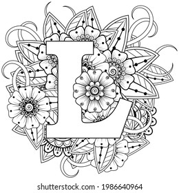 Letter L with Mehndi flower. decorative ornament in ethnic oriental style. coloring book page. 