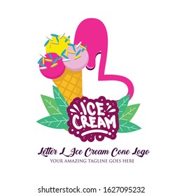 Letter L Melting Ice Cream Balls in the Waffle Cone Isolated on White Background. Vector Flat Modern Style. Colorful Logo in Cartoon Style Illustration for Ice Cream Shop Café and Restaurant