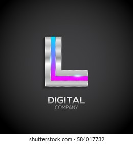 Letter L with metallic texture,3d Glossy, Digital and Technology, metal texture,  silver, steel and realistic shadow for logo, Vector illustration
