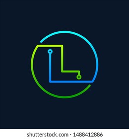 Letter L mono line logo with element chip, Connect concept , Circle shape symbol, green and blue color, Technology and digital abstract dot connection - vector