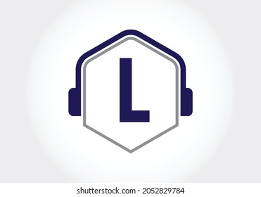 Letter L monogram alphabet with a headphone. Headphone Logo vector icon symbol. Music sign symbol. Font emblem. Design element for poster, banner, t-shirt, notebook cover, sticker, greeting card, bag,