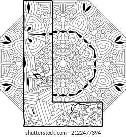 Letter L monogram, engraving design on mandala for coloring. Vector illustration.
