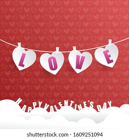 letter L O V E with white paper cut hearts and clouds paper cut on heart pattern background . Vector illustration.