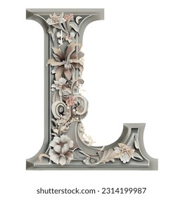 letter l on plasterboard with flowers. Luxury capital letter l decorated with flowers. Decorative capital letter l with floral ornament. 3D rendering isolated on white background