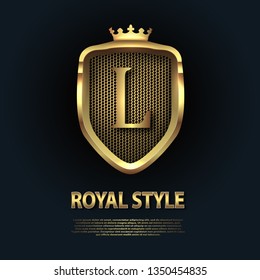Letter L on the shield with crown isolated on dark background. Golden 3D initial logo business vector template. Luxury, elegant, glamour, fashion, boutique for branding purpose. Unique classy concept.