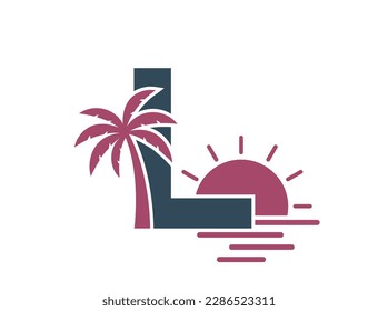 letter l with palm tree and sunset. creative vacation and resort alphabet logotype. summer and exotic tourism design. isolated vector image